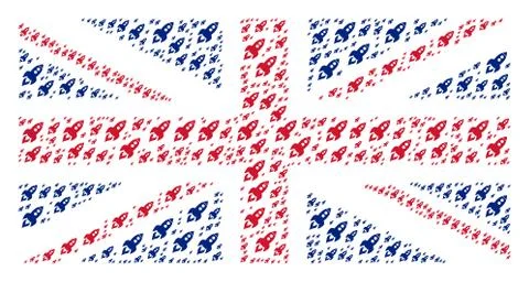 United Kingdom Flag Pattern of Space Rocket Launch Icons Stock Illustration
