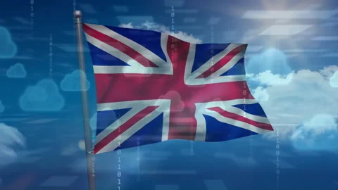 United Kingdom flag waving with cloud computing and binary code animation over Stock Footage 306564680