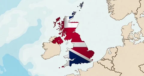 The united kingdom flag waving inside the country on a world map Video stock 339033379