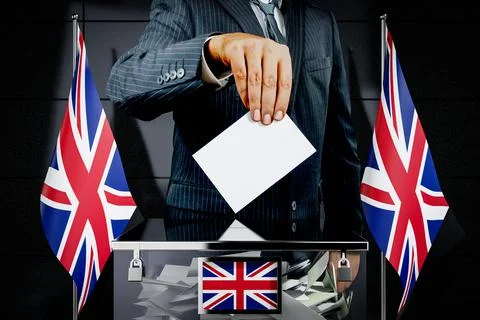 United Kingdom flags, hand dropping voting card - election concept Stock Illustration
