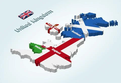 United Kingdom isometric map with flags incorporated inside countries Stock Illustration