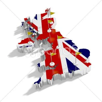 United Kingdom map with flags on the flagpoles showing the major cities. Stock Illustration