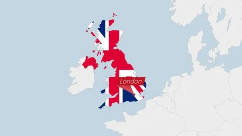 United Kingdom map highlighted in UK flag colors and pin of country capital.. Stock Illustration