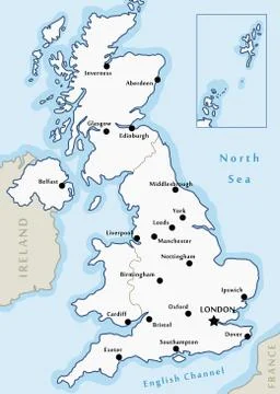 United Kingdom map vector - major cities marked on map of the UK. Stock Illustration