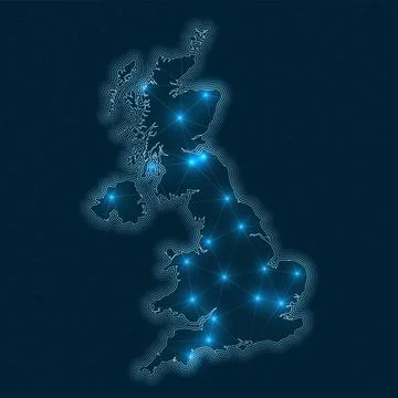 United Kingdom network map. Abstract geometric map of the country. Digital .. Illustrazione stock