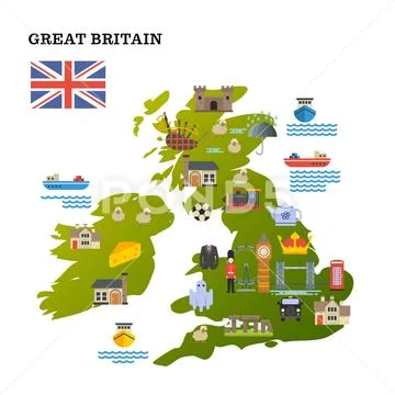 United Kingdom travel map with landmark icons vector illustration Stock Illustration