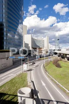 United nations building and surrounding in vienna Stock Photos