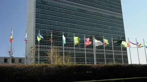 United Nations Building with flags from different countries flying in the wind Stock Footage 200712462