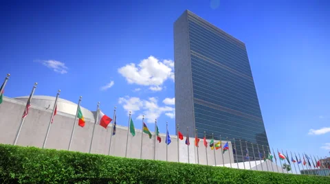 United Nations building headquarters New York City members countries flags NYC Stock Footage