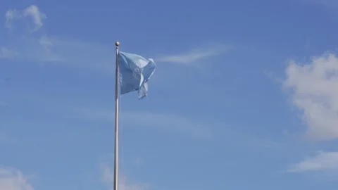 United Nations flag against blue sky Видео 346265203