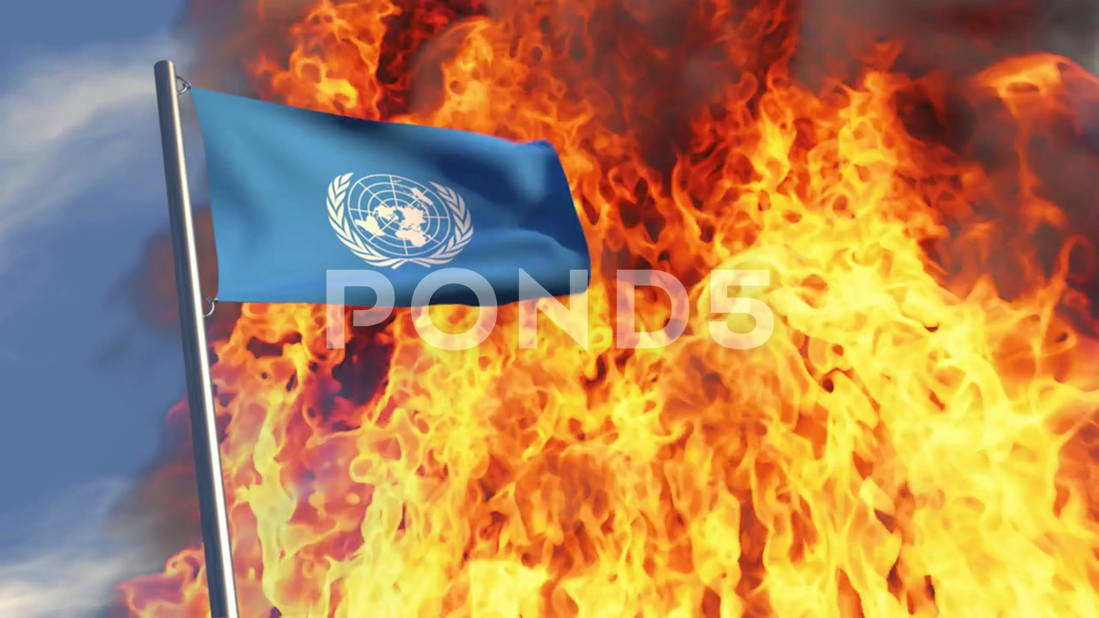 United Nations flag with flames in the b... | Stock Video | Pond5