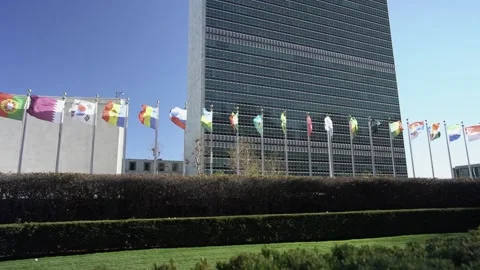 United Nations flags in front of UN Building in Manhattan. Slow motion Stock Footage 176122936