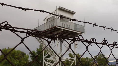 United Nations watchtowers in Buffer Zone behind barbed-wire, Nicosia Cyprus Stock Footage 237599769