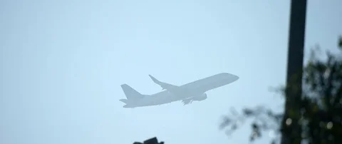 United Plane Taking Off Long Lens Through Trees RED Dragon 6k 100fps Stock Footage 88752418