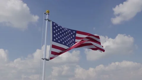 United State flag on a gray pole waving on sunny blue sky. No looping. 3D. Stock Footage 222226473