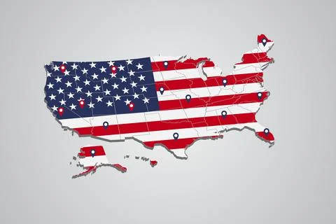 United State map 3D with flag pattern and map pin illustration on isolated ba Stock Illustration