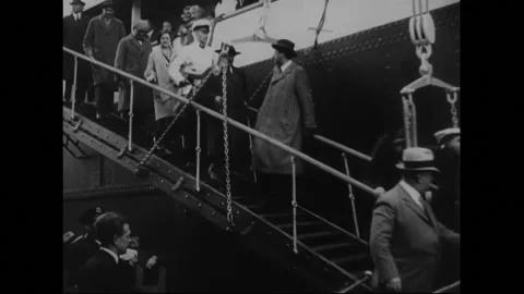 UNITED STATES 1930s: Albert Einstein and others disembarking from ship. Elsa and Stock Footage 301943446