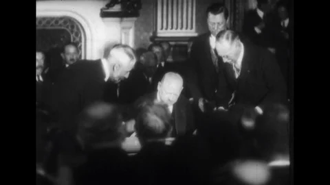 United States 1930s: Men representing 47 nations gather to sign a peace treaty, Stock Footage 74792256