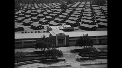 UNITED STATES - 1943: Rows of Barracks at Temporary Incarceration Camp Video stock 342857138