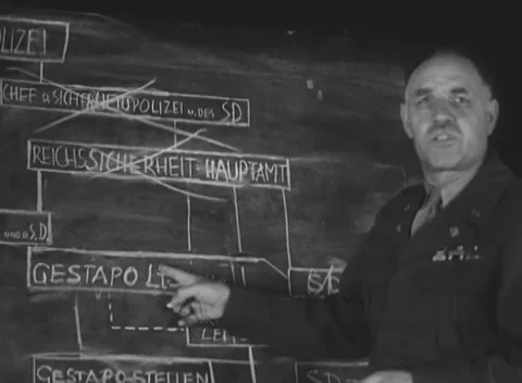 UNITED STATES - 1945: Intelligence lesson - German security terms on chalkboard Stock Footage 344509460