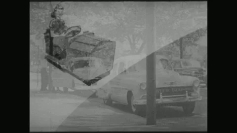 UNITED STATES 1950s: A advertisement features a split screen showing an old car Stock Footage 337355235