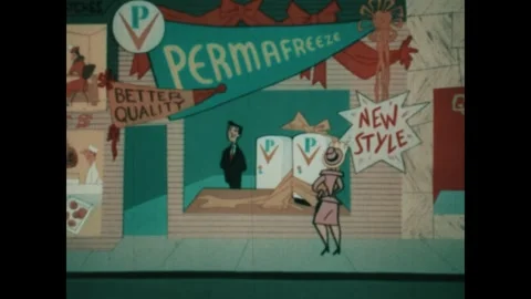 UNITED STATES 1950s: Parade float goes by advertising new refrigerator. Woman Stock Footage 312994534