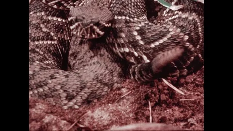 United States 1960s: A snake with patterned scales coils on a rock and strikes Stock Footage 344768738