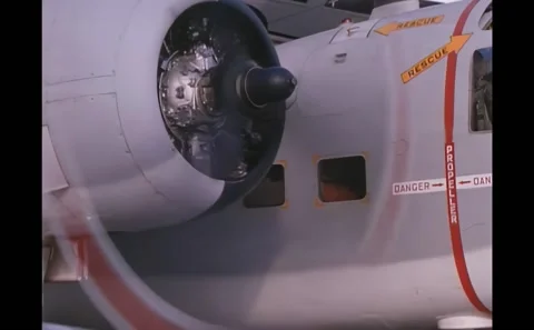 UNITED STATES - 1966 - The engine of a Grumman C-1 Trader aircraft revving up Stock Footage 308101241