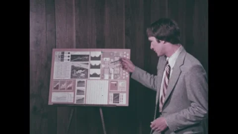 UNITED STATES 1970s: A man in a patterned blazer stands before an audience, Stock Footage 337191512