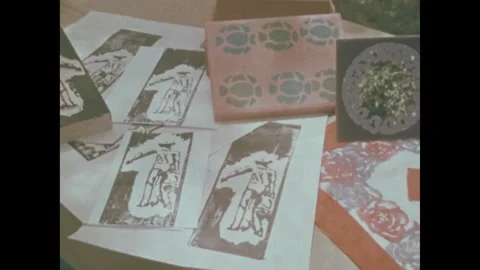 United States 1970s: Pattern prints on mirrors, frames and boxes. Carved wood Stock Footage 335588441