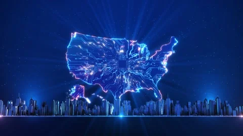 United States AI Technology Network with Processor and Digital Skyline Video stock 342616986