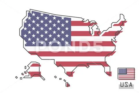 United States of America map and flag . Modern simple line cartoon design . V Stock Illustration