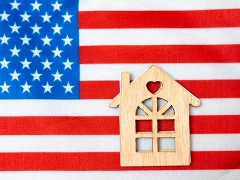 United states of America national flag and map and wooden house,usa home co.. Stock Photos