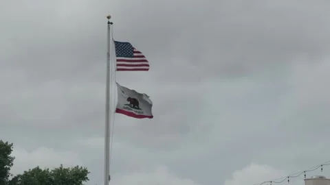 The United States and California state flags wave from a flagpole Stock Footage 332673653