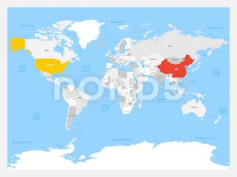 United States and China highlighted on political map of World. Vector Stock Illustration