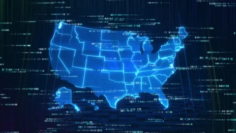 United States Binary Data Map with Cyber Defense and AI Network Video stock 342614206