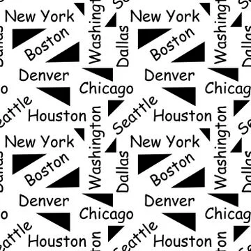United States city, seamless pattern. Typography background. Black words on a Stock Illustration