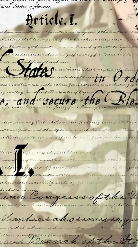 United States Constitution text over military personnel in camouflage uniform Stock Footage 343739667