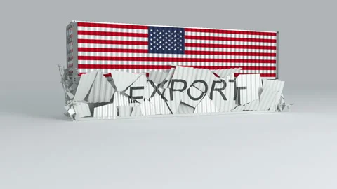 United States container with the flag falls on top of a container labeled EXPORT Stock Footage 124634835