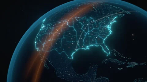 United States Digital Network Map With Glowing Borders Seen From Low Earth Orbit Stock Footage 343402602