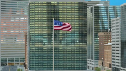 United States Flag 3D Render Animation on Pole with Modern Business District Video stock 332878598
