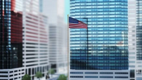 United States Flag 3D Render Animation Waving in Front of Modern Glass Build Video stock 332955883