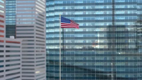 United States Flag 3D Render Animation Waving Against Glass Office Building  Stock Footage 333017818