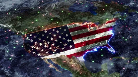 United States Flag Map over Earth with Global Technology Signals Stock Footage 342617002