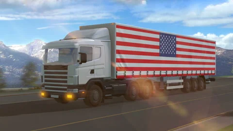 United States flag shown on the side of a large truck Stock Footage 122106943