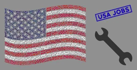 United States Flag Stylized Composition of Wrench and Textured USA Jobs Seal Stock Illustration