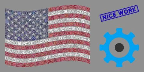 United States Flag Stylized Composition of Gear and Scratched Nice Work Stamp Stock Illustration