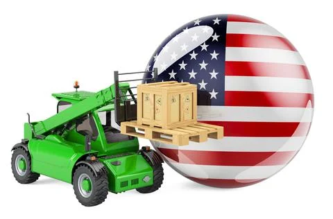 The United States flag with telescopic handler truck and parcel. Cargo shippi Illustrazione stock