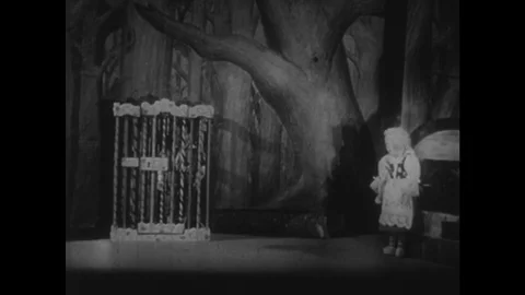 UNITED STATES: Gretel puppet lets Hansel puppet out of cage and curtains close. Stock Footage 75249250