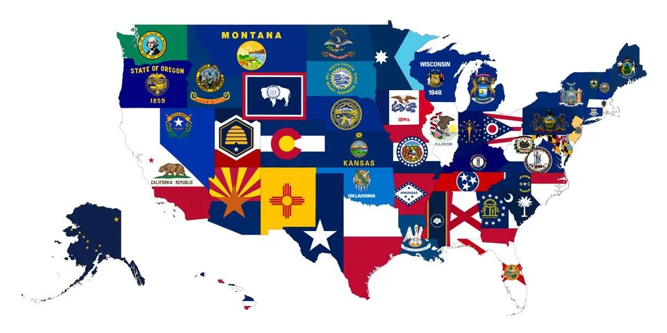 United States Map Composed of State Flags and Emblems Stock Illustration